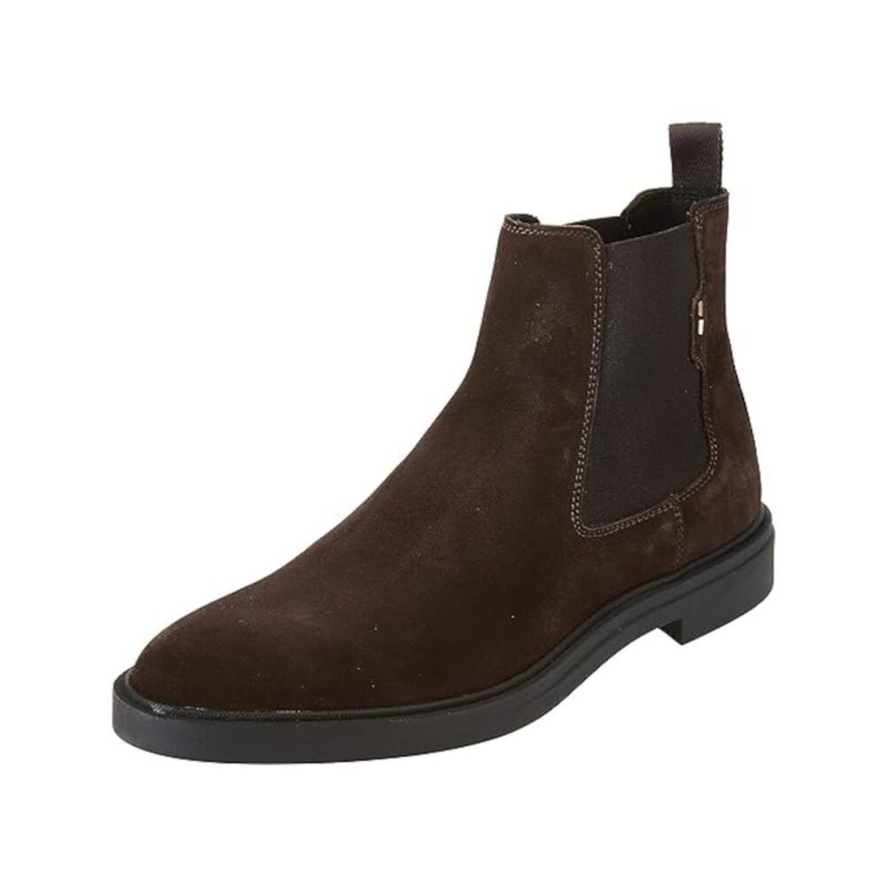 BOSS Mens Brown Heel Pull-Tab Derrek Round Toe Block Heel Leather Chelsea 46
